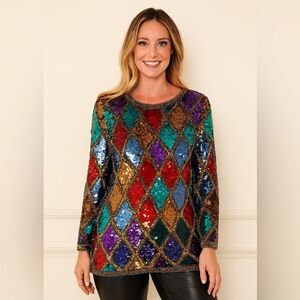 Vintage Sequin Harlequin Top, Black Tie - Multicolor